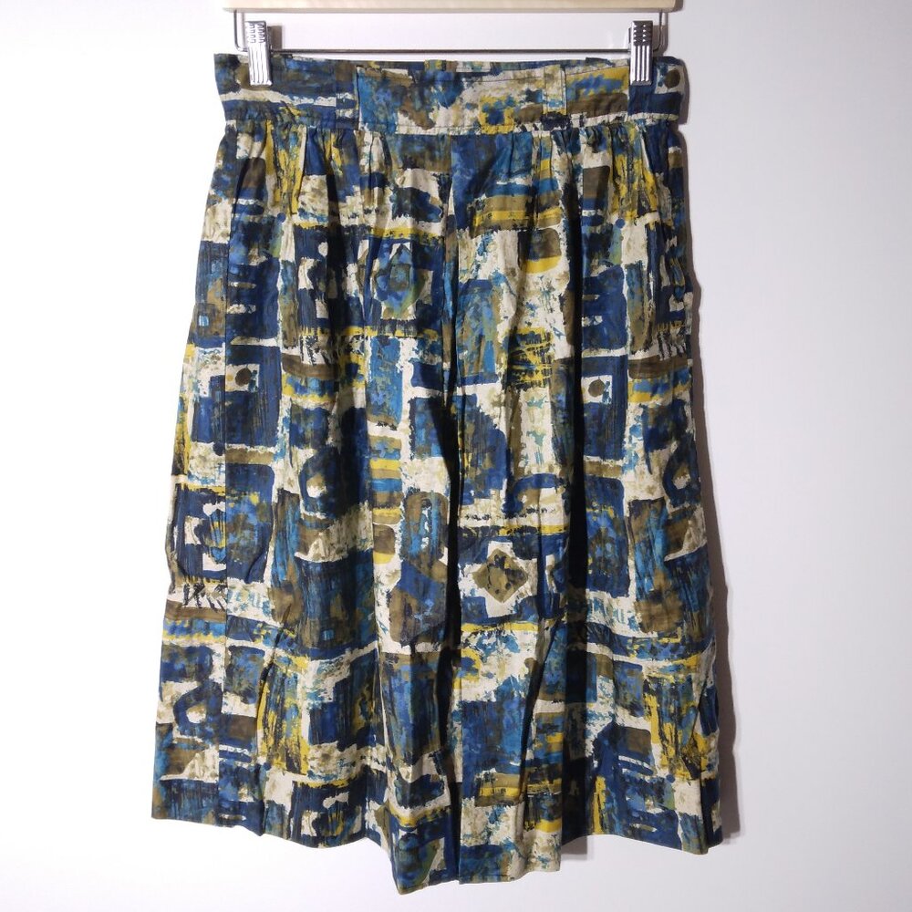 Artsy Abstract Midi Skirt XS Small Blue Mod Pleated Handmade High Waist